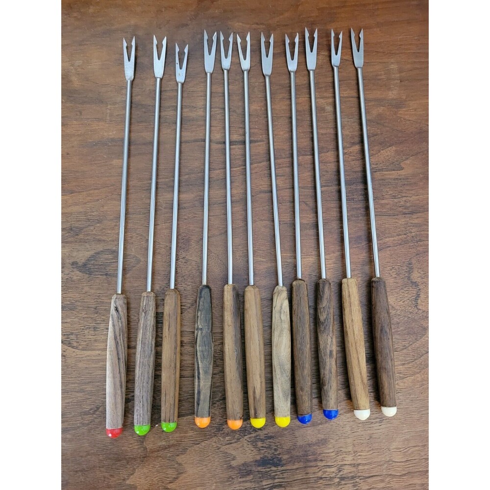 Set of 11 Vintage MCM Japan Kabob Stainless Steel Skewers Wood Colored End